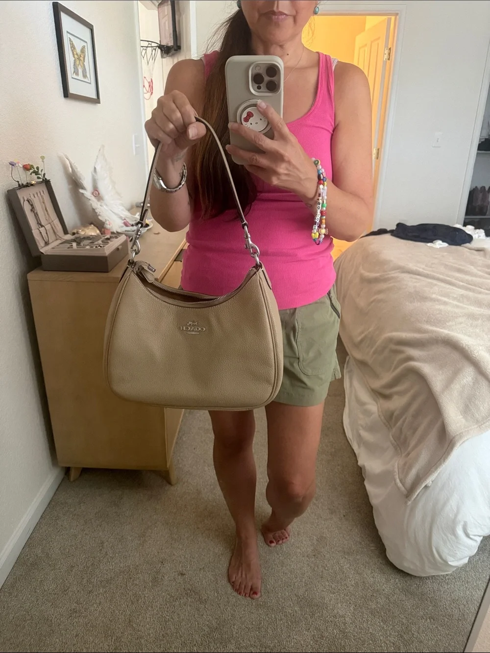 COACH Teri Hobo Leather Crossbody Shoulder Bag in Taupe/ Beige